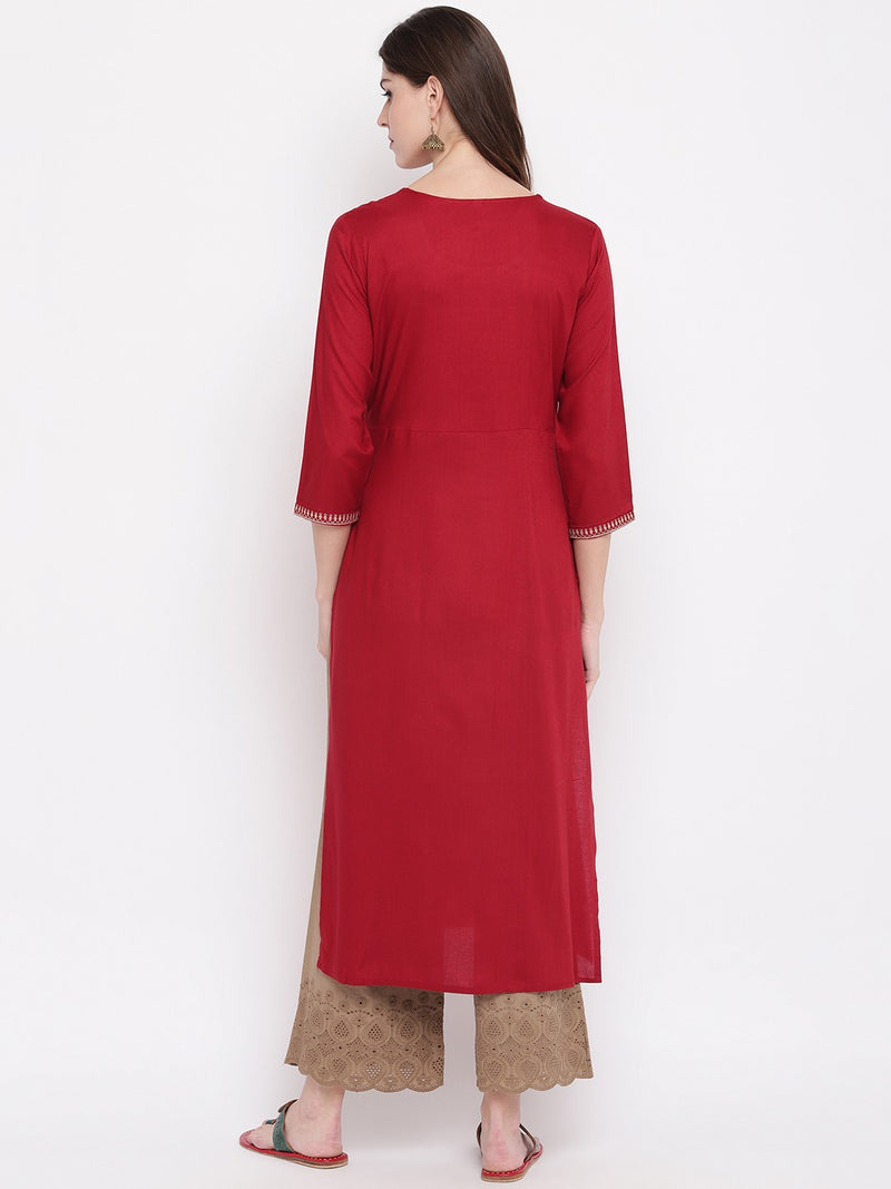 Maroon Embroiidered Straight Rayon Kurti