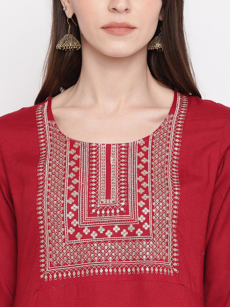 Maroon Embroiidered Straight Rayon Kurti