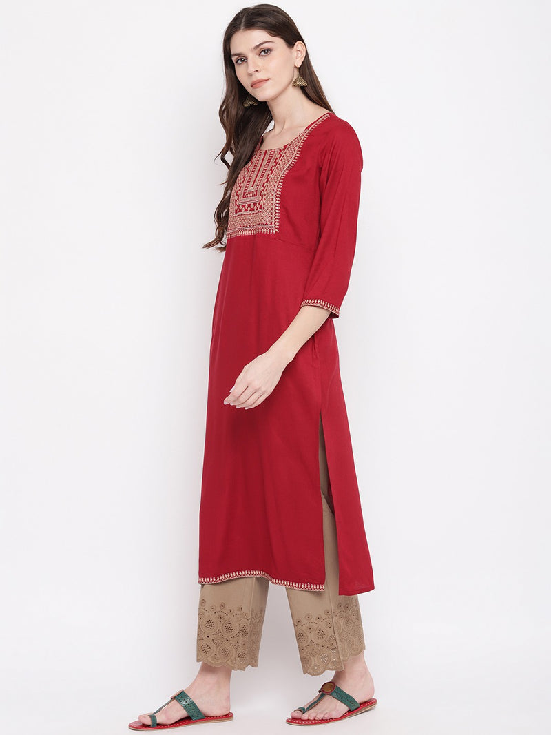 Maroon Embroiidered Straight Rayon Kurti