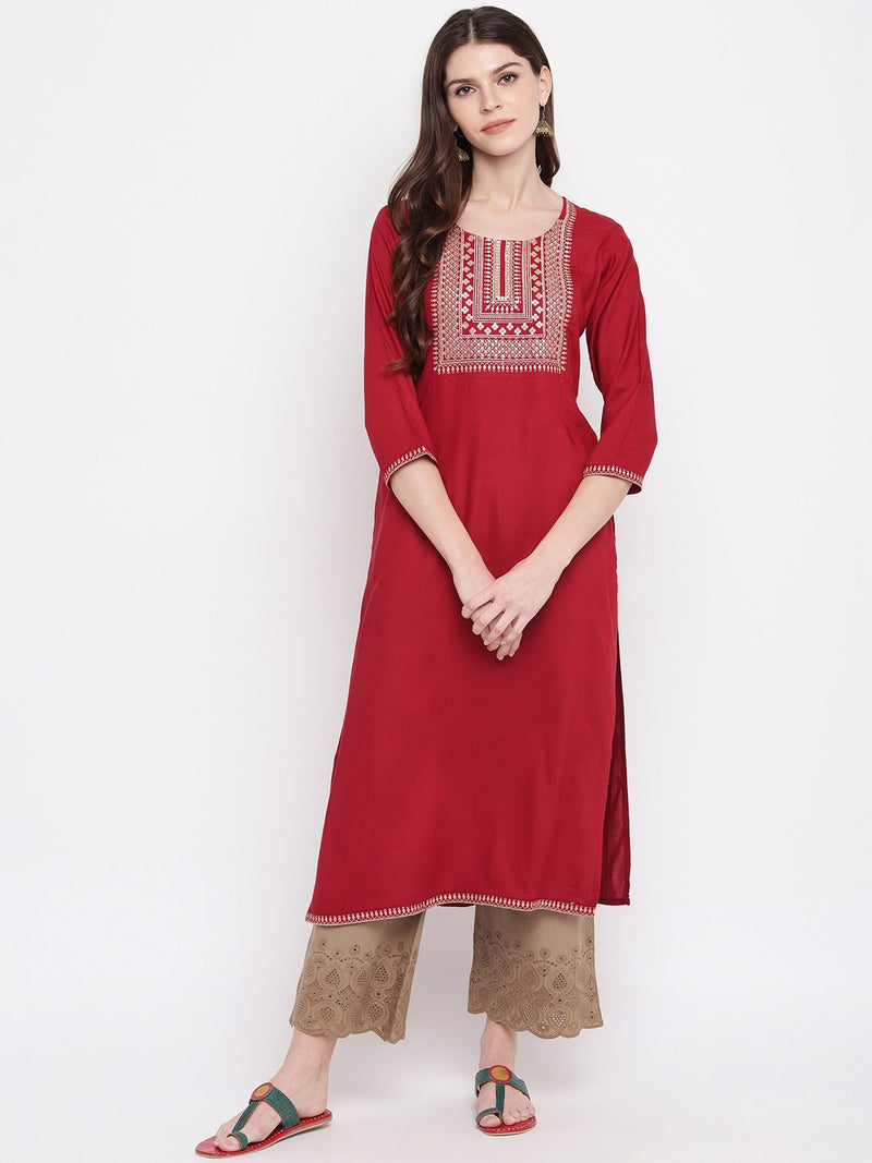 Maroon Embroiidered Straight Rayon Kurti