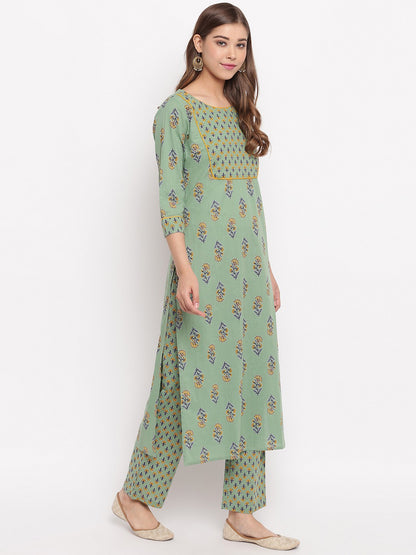 Pista Printed Straight Cotton Kurti Set