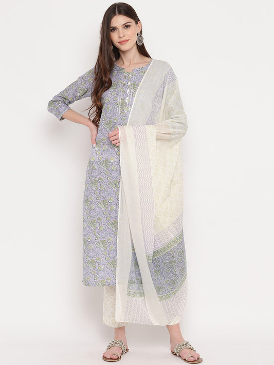 Lavender Embroidered Straight Cotton Kurta Set