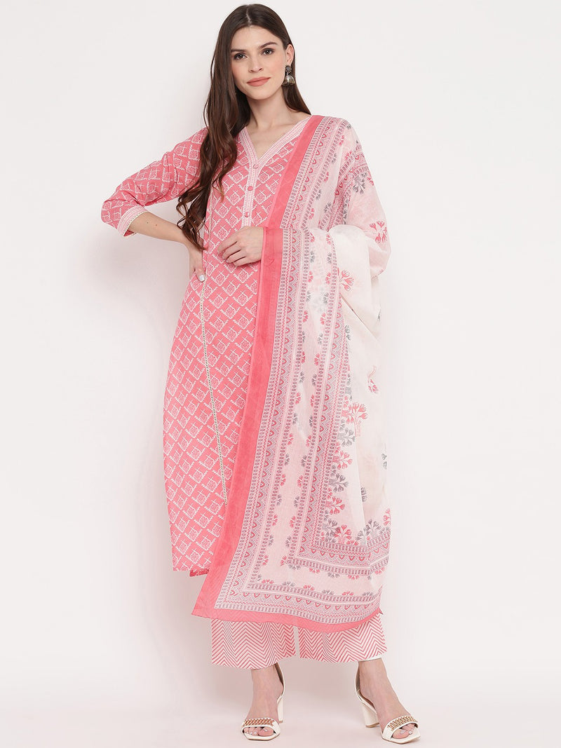 Light Pink Printed Straight Cotton Kurta Set