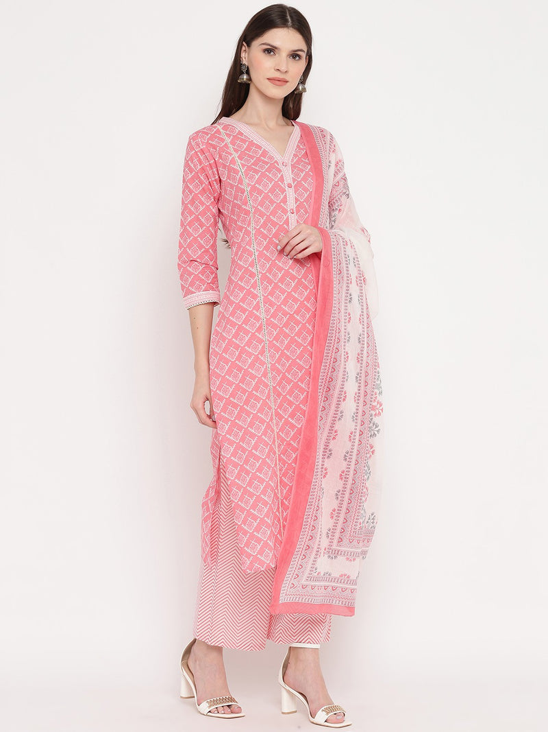 Light Pink Printed Straight Cotton Kurta Set