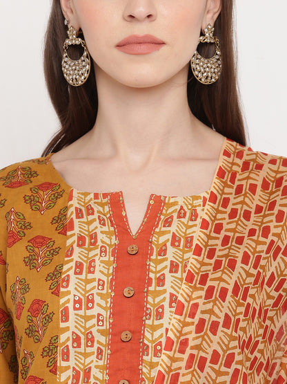 Mustard Yellow Embroidered Straight cotton Kurta Set