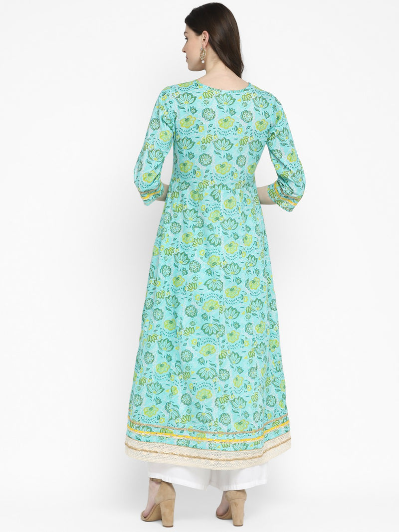 Turquoise Embroidered Anarkali Cotton Kurta