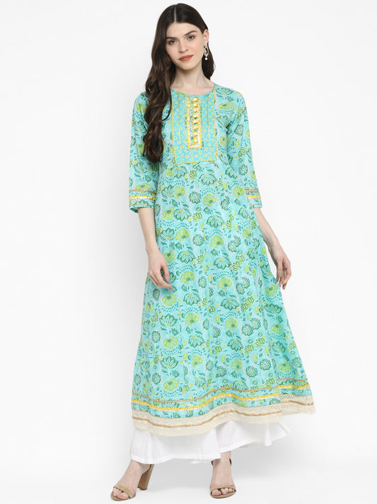 Turquoise Embroidered Anarkali Cotton Kurta