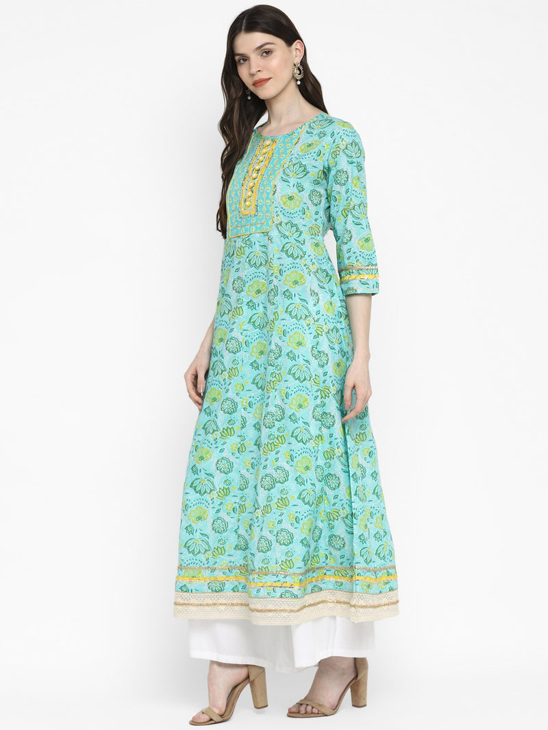 Turquoise Embroidered Anarkali Cotton Kurta