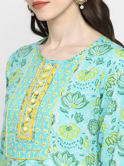 Turquoise Embroidered Anarkali Cotton Kurta