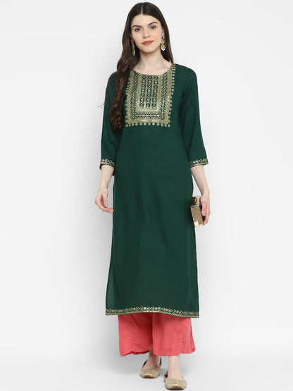 Green Embroidered Straight Rayon Kurta