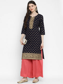 Navy Blue Printed Straight Cotton Kurta