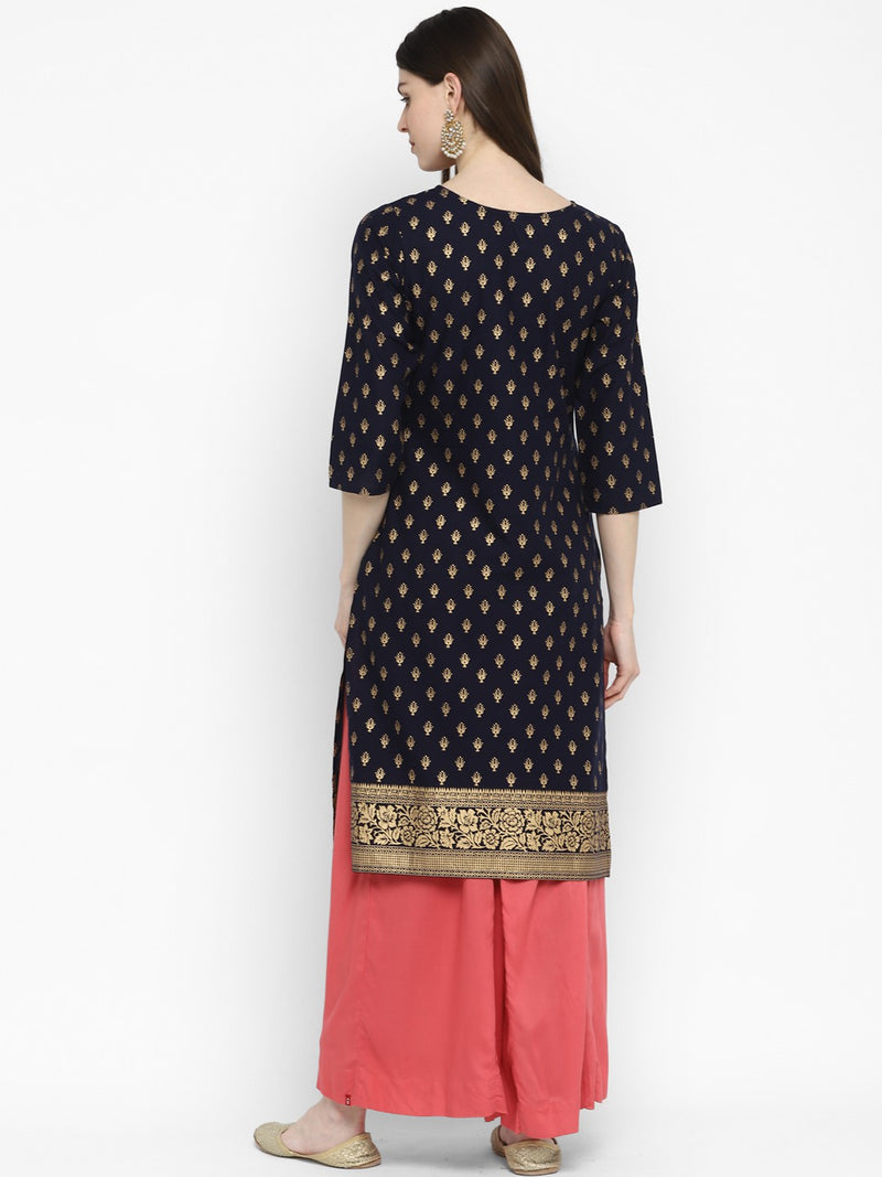 Navy Blue Printed Straight Cotton Kurta