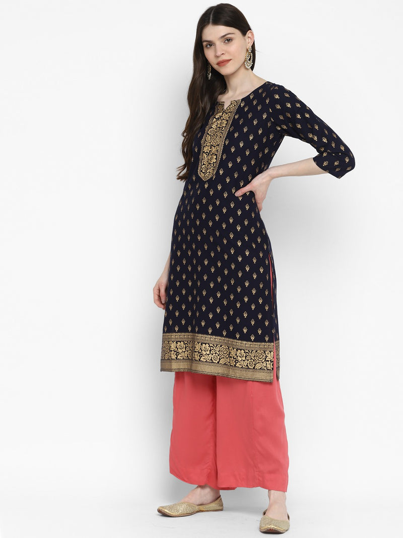 Navy Blue Printed Straight Cotton Kurta