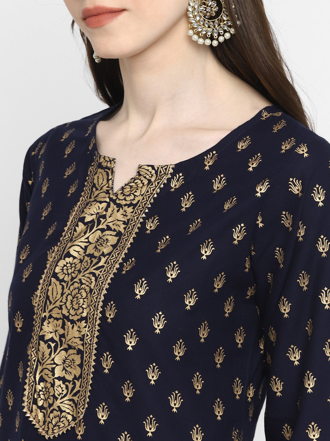 Navy Blue Printed Straight Cotton Kurta