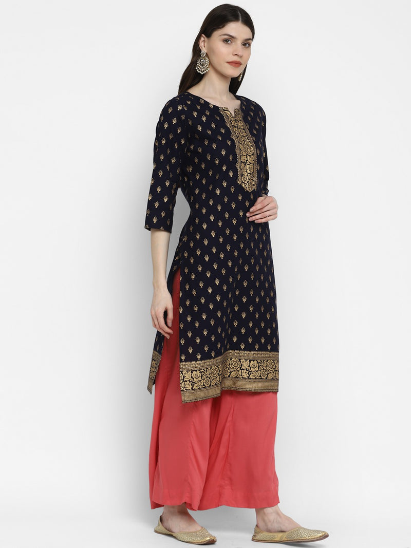 Navy Blue Printed Straight Cotton Kurta