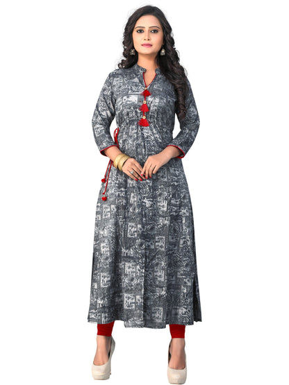 Grey Printed Rayon A-line Kurti