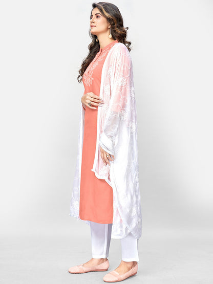 Pink Embroidered Straight Rayon Kurta Set