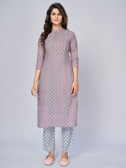 Light Pink Sequience Straight Cotton Kurta Set