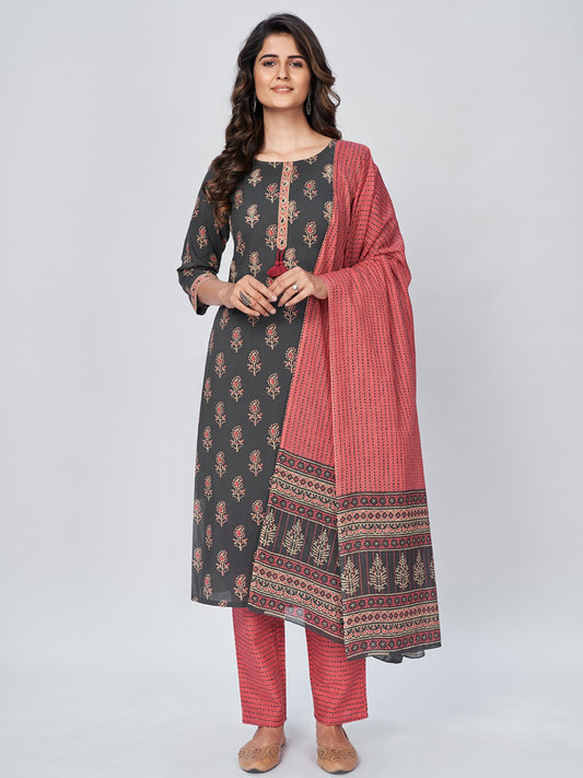 Grey Embroidered Straight Cotton Kurta Set