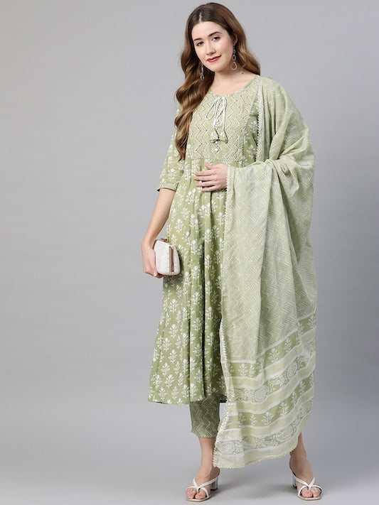 Pista Anarkali Cotton Kurta Set