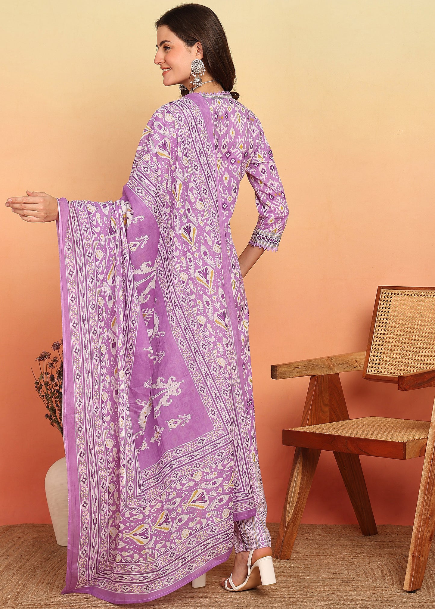 Lavender Geometric Printed Straight Cotton Stitched Kurta, Pant With Dupatta