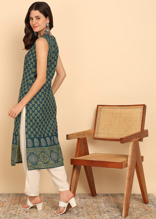 Aqua Green Floral Printed Straight Cotton Stitched Kurta