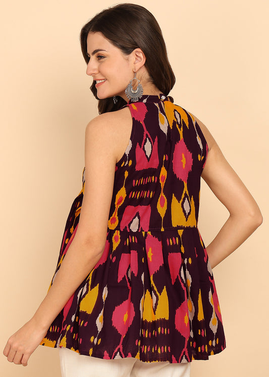 Wine Geometric Printed Fit And Flare Cotton Stitched Tunic
