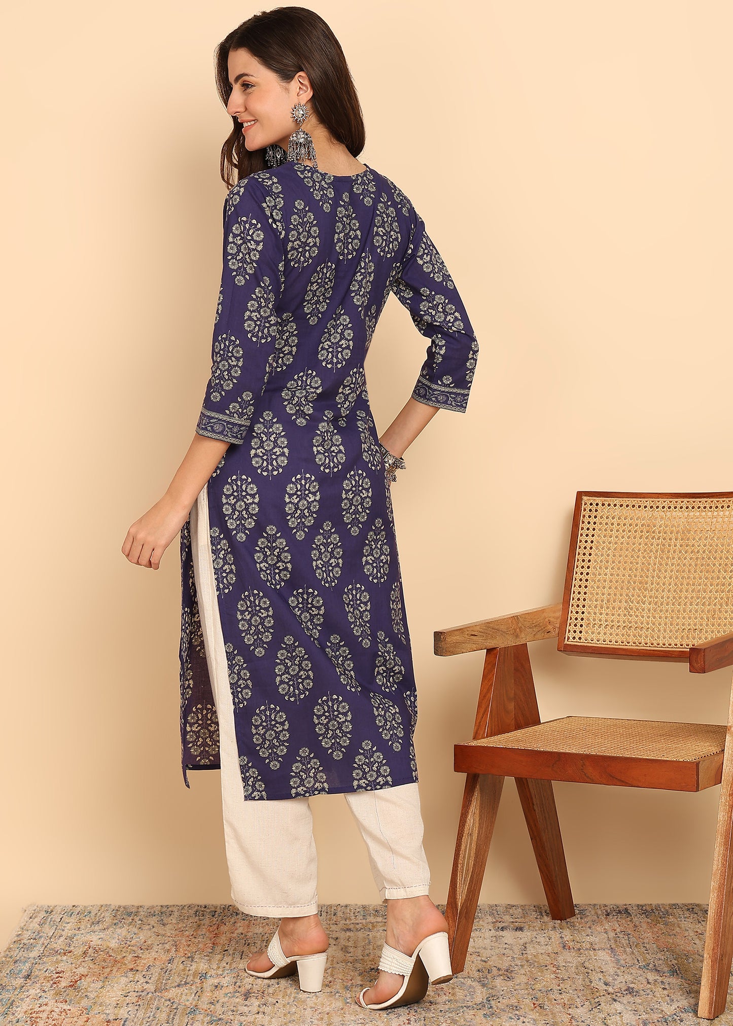 Indigo Blue Floral Printed Straight Cotton Stitched Kurta