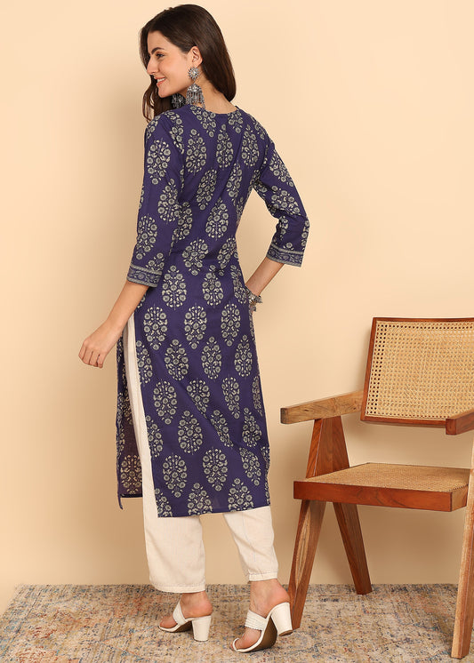 Indigo Blue Floral Printed Straight Cotton Stitched Kurta