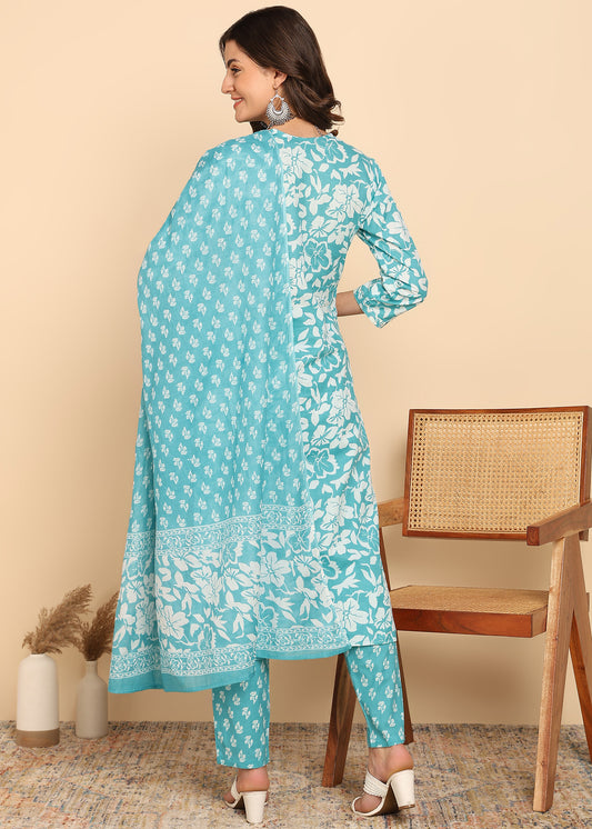 Sky Blue Floral Printed Straight Cotton Stitched Kurta Set