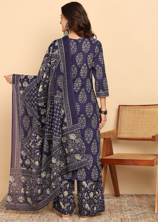 Indigo Blue Floral Printed Straight Cotton Stitched Kurta Set