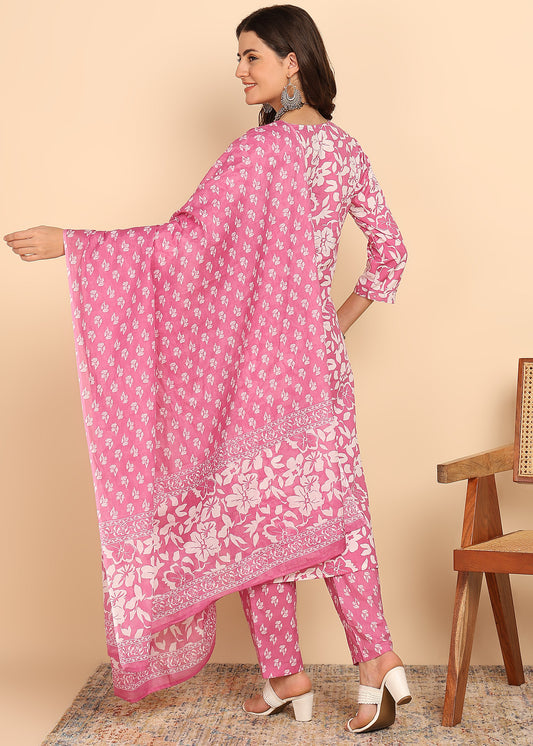 Pink Floral Printed Straight Cotton Stitched Kurta, Pant With Dupatta