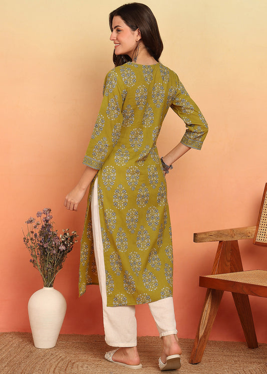 Yellow Floral Printed Straight Cotton Stitched Kurta