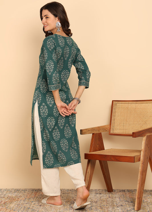 Peacock  Floral Printed Straight Cotton Stitched Kurta