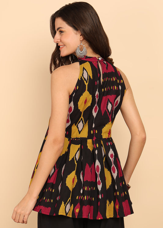Black Geometric Printed Fit And Flare Cotton Stitched Tunic