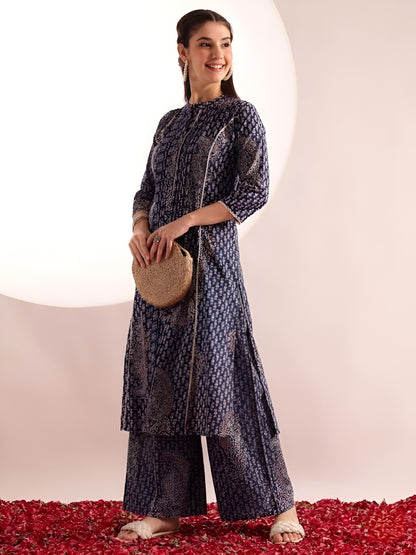 Blue Floral Print Fit & Flare Cotton Stitched Kurta With Pant