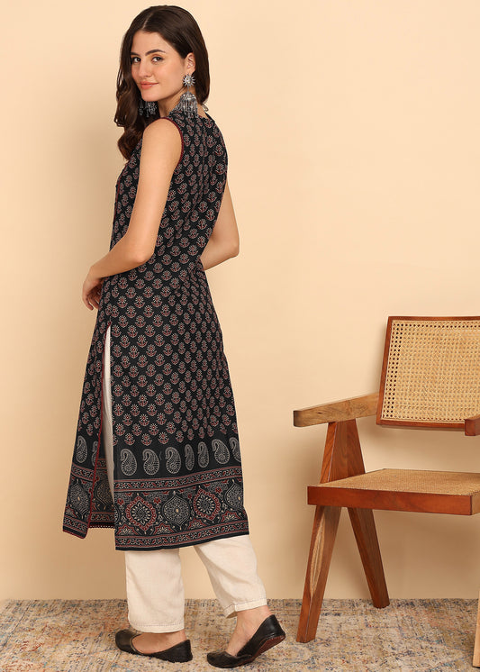 Black Floral Printed Straight Cotton Stitched Kurta