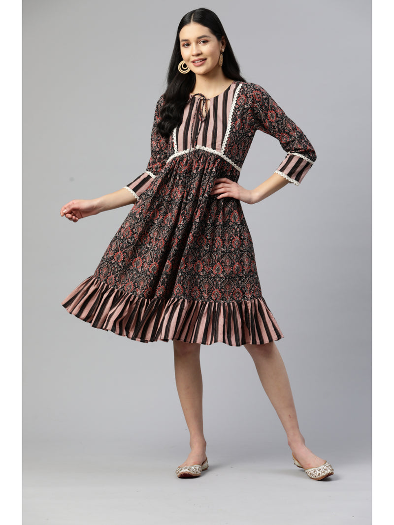 Black Printed Flared Cotton Dress