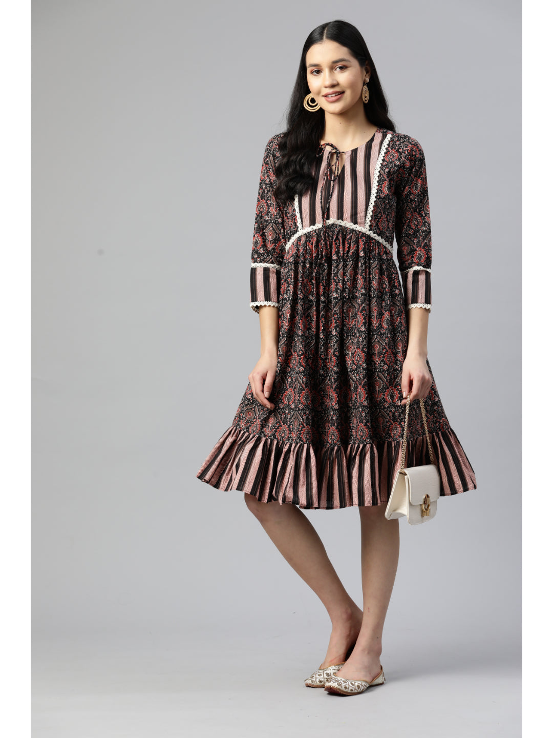 Black Printed Flared Cotton Dress