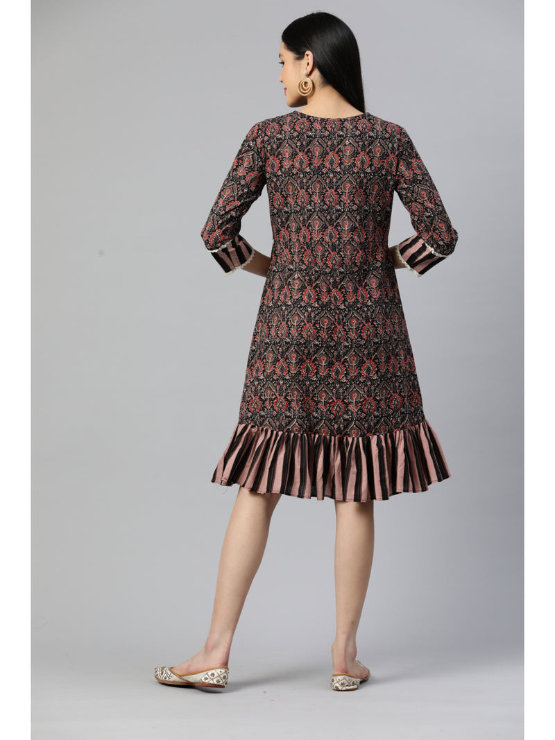 Black Printed Flared Cotton Dress