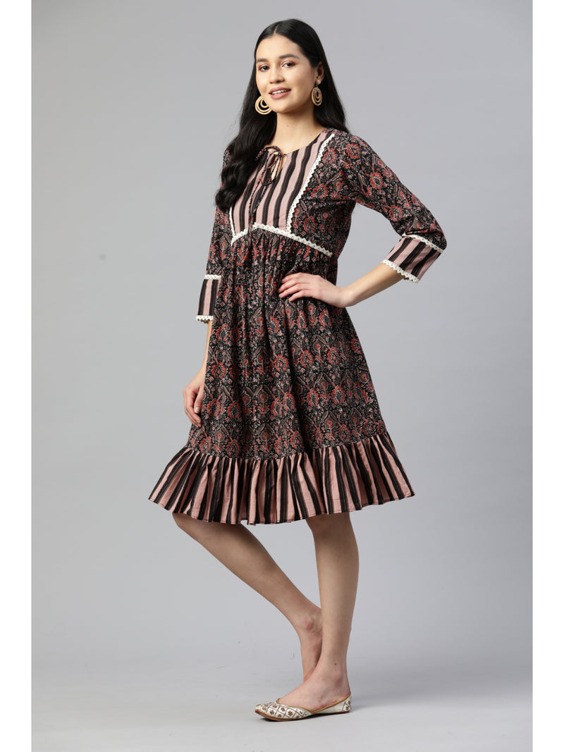 Black Printed Flared Cotton Dress