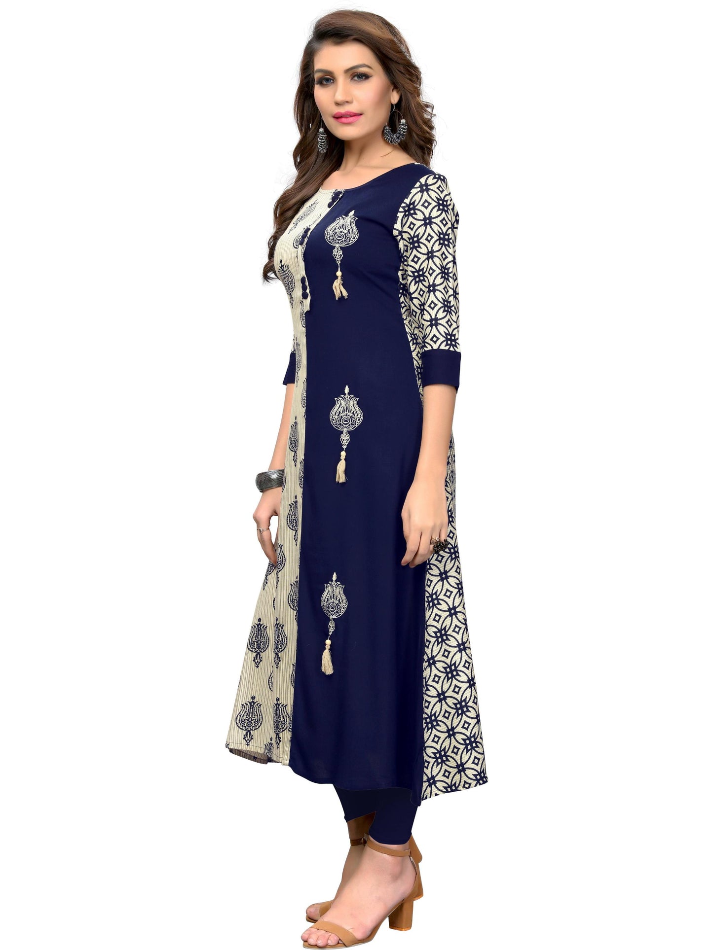 Blue & White Color Rayon Straight Kurti