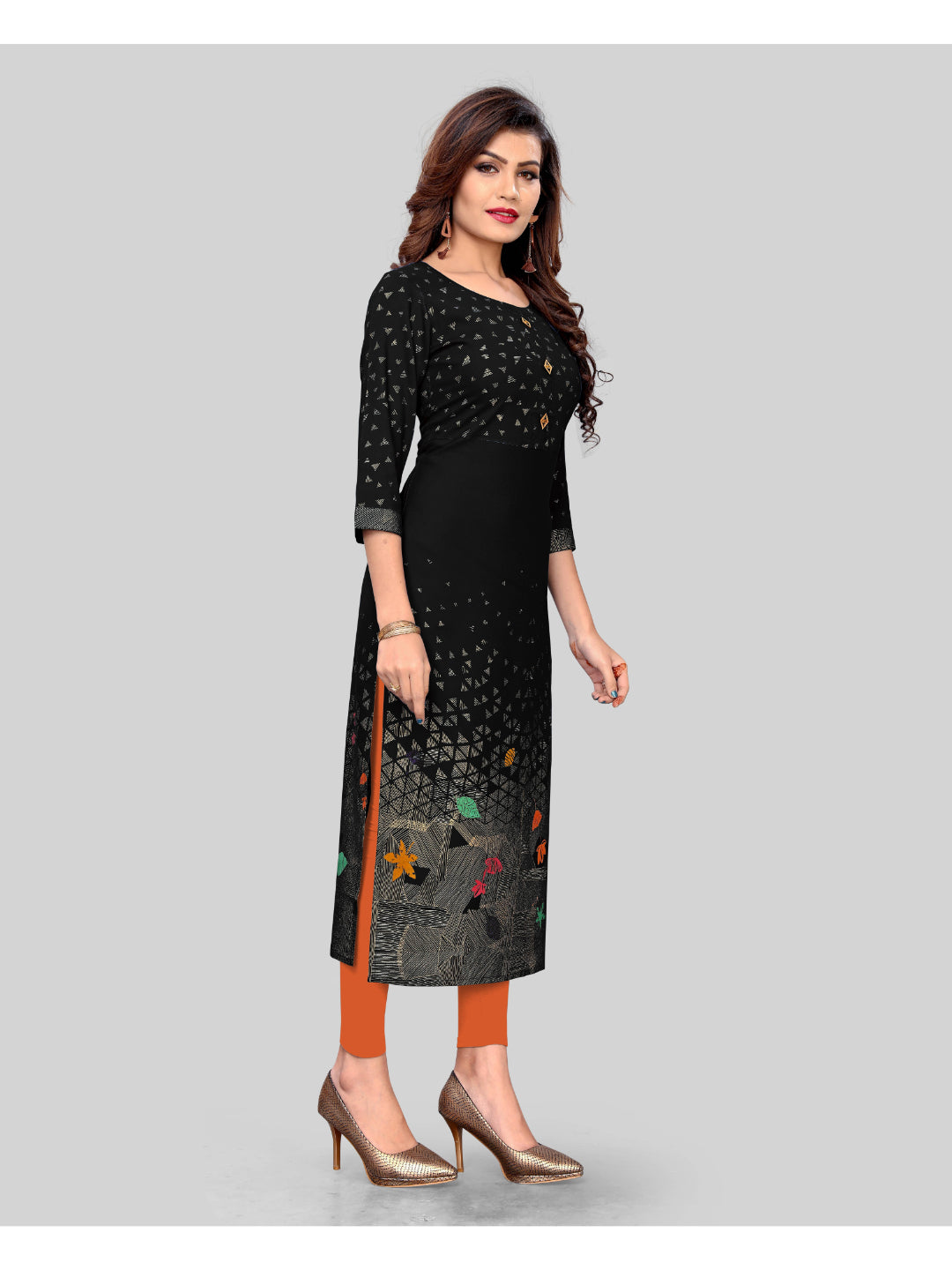 Black Printed Rayon Straight Kurti