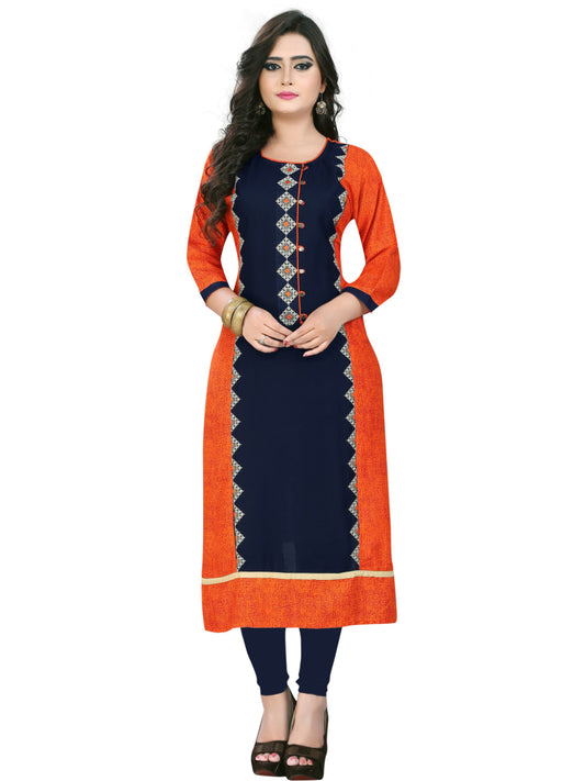 Orange & Blue Embroidered Rayon Straight Kurti