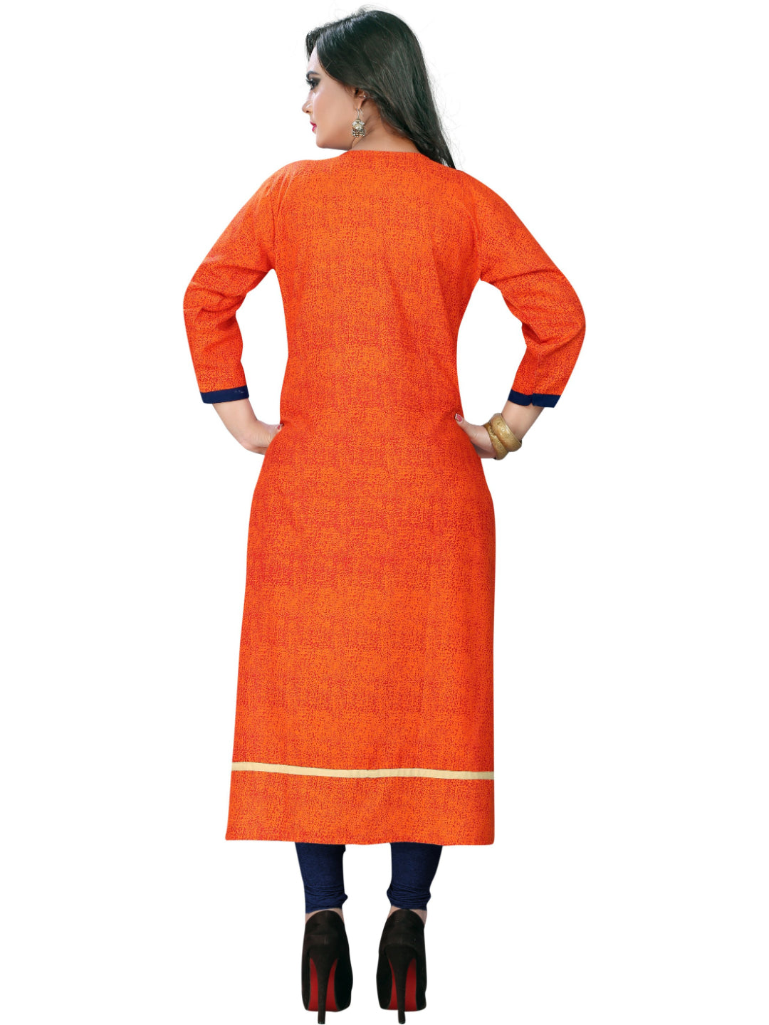 Orange & Blue Embroidered Rayon Straight Kurti