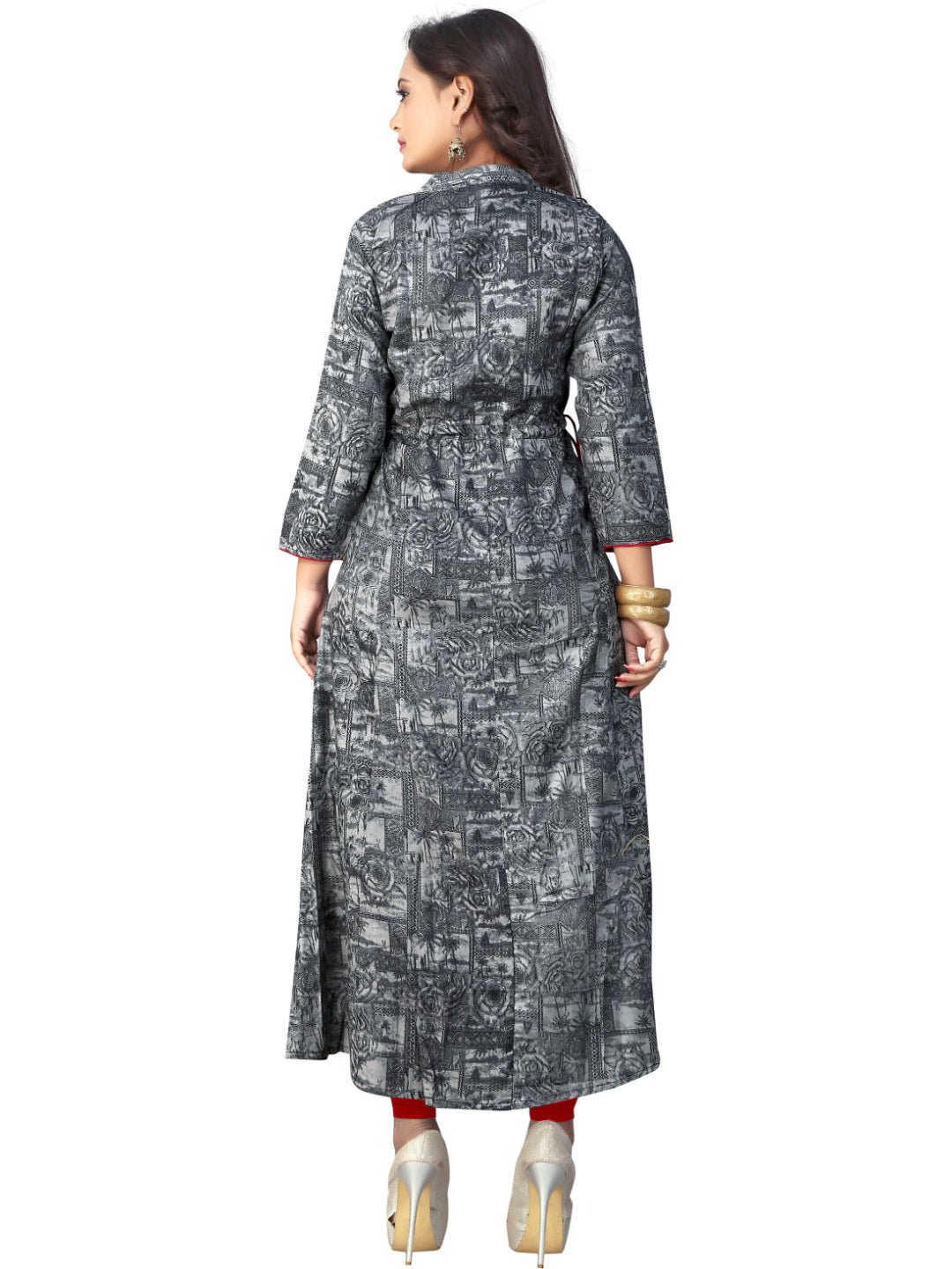 Grey Printed Rayon A-line Kurti