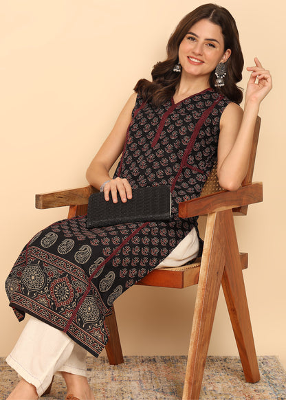 Black Floral Printed Straight Cotton Stitched Kurta