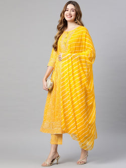 Yellow Bandhani Anarkali Cotton Kurta Set