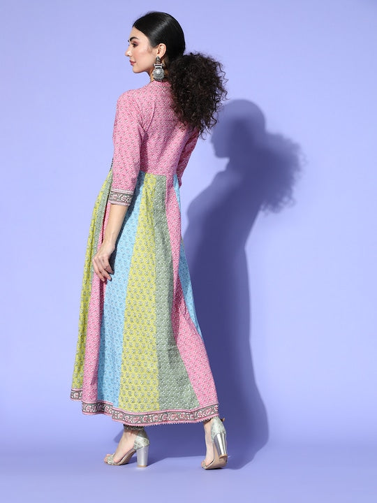 Multicolor Floral Embroidered Anarkali Cotton Kurta