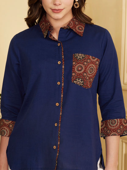 Blue Solid Straight Cotton Flex Stitched Top